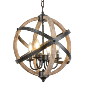 Farmhouse Chandelier Light Fixtures; 4-Light Adjustable Height Dining Room Wood Light Fixtures